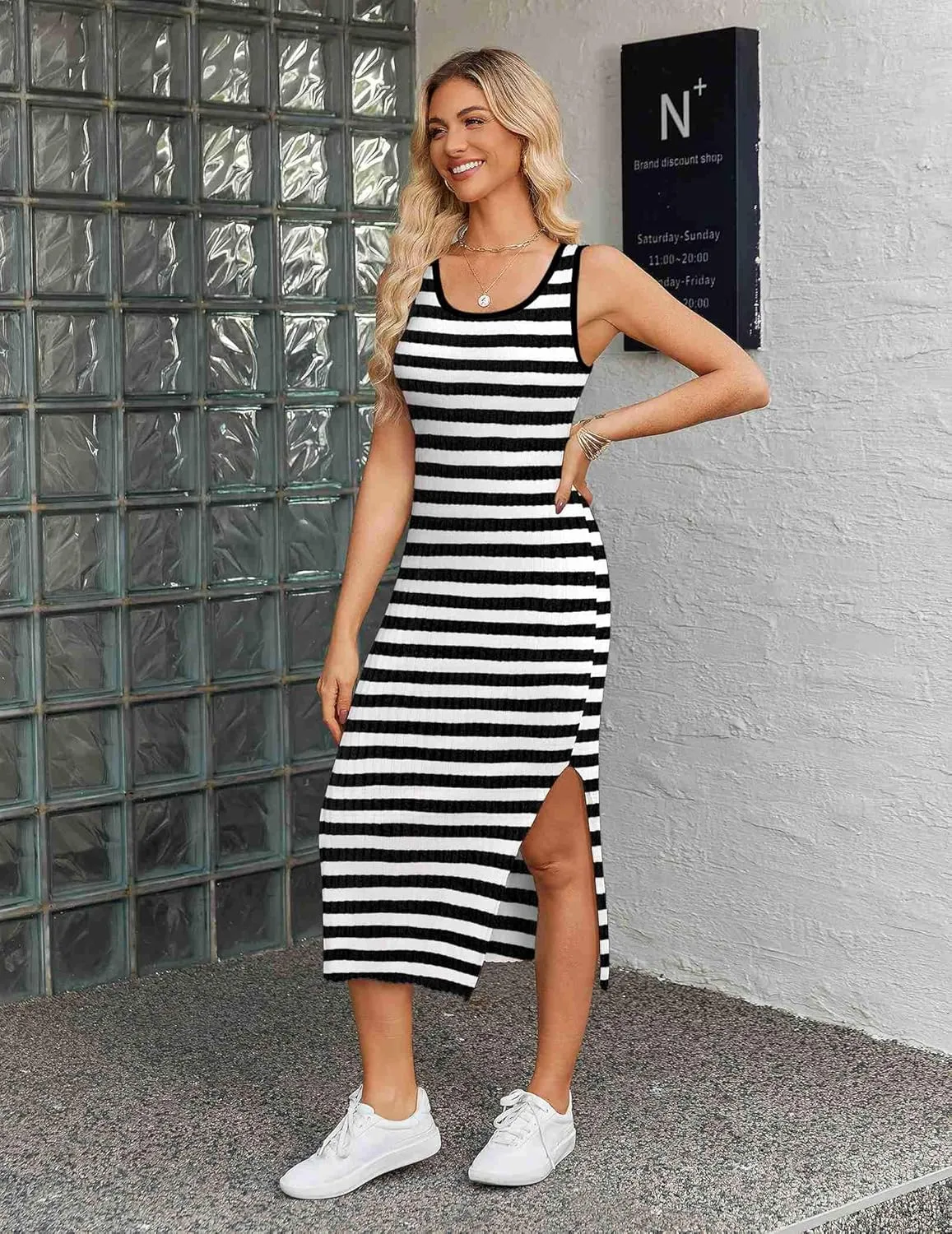 Zeagoo Striped Knit Dress Casual Bodycon Side Slit Sundress sold by zeagoo product image thumbnail 4