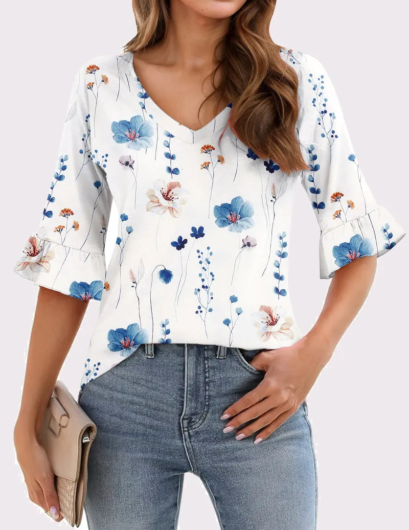 Zeagoo Womens Ruffle 3/4 Sleeve Top V Neck Shirts sold by zeagoo product image thumbnail 4