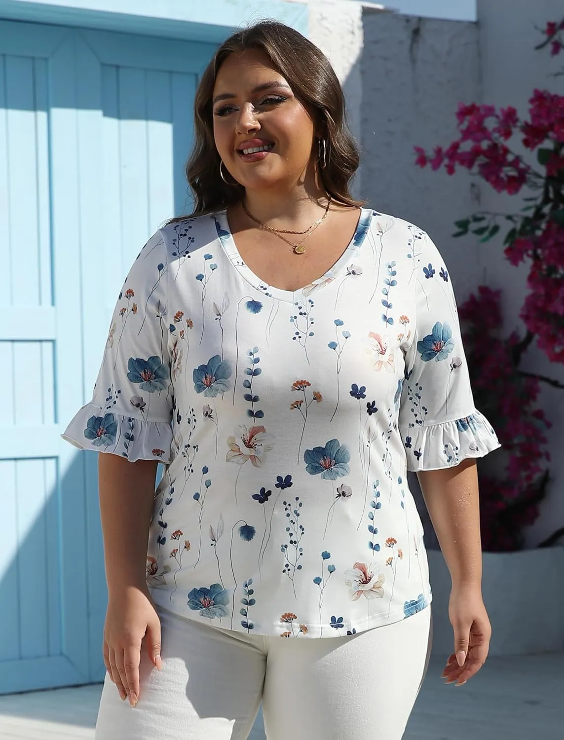 Zeagoo Womens Ruffle 3/4 Sleeve Top V Neck Shirts sold by zeagoo product image thumbnail 3