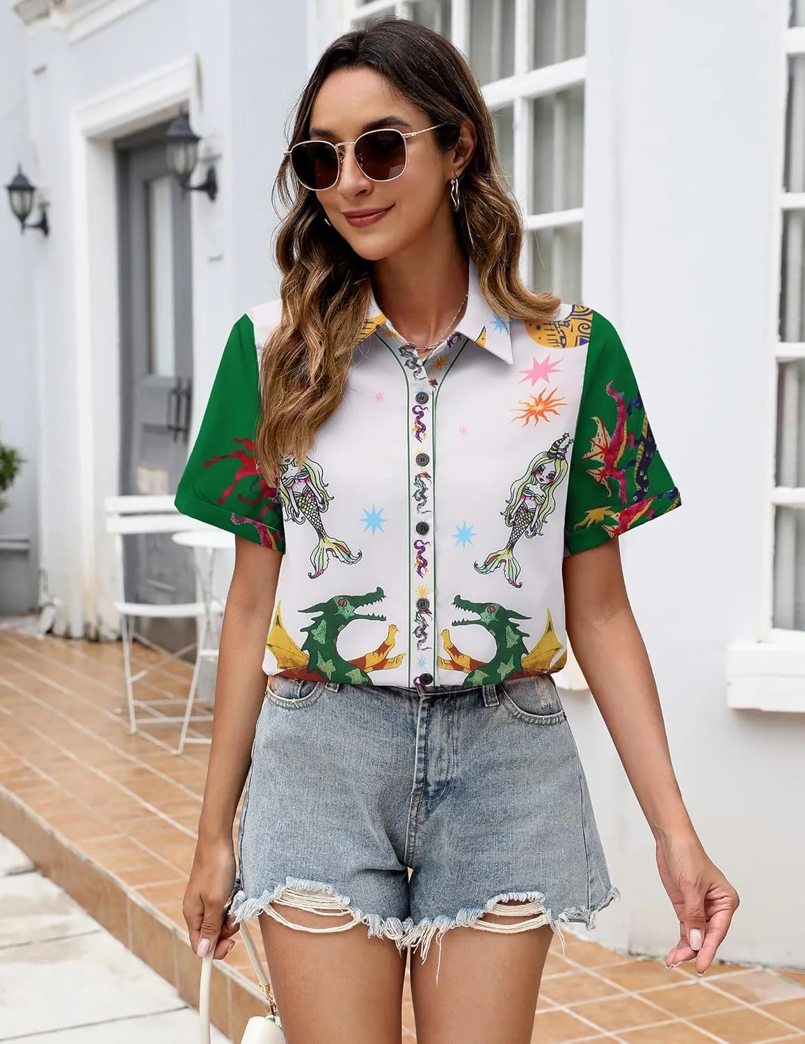 Zeagoo Button Down Blouse Rolled Cuffed Short Sleeve Shirts sold by zeagoo product image thumbnail 2