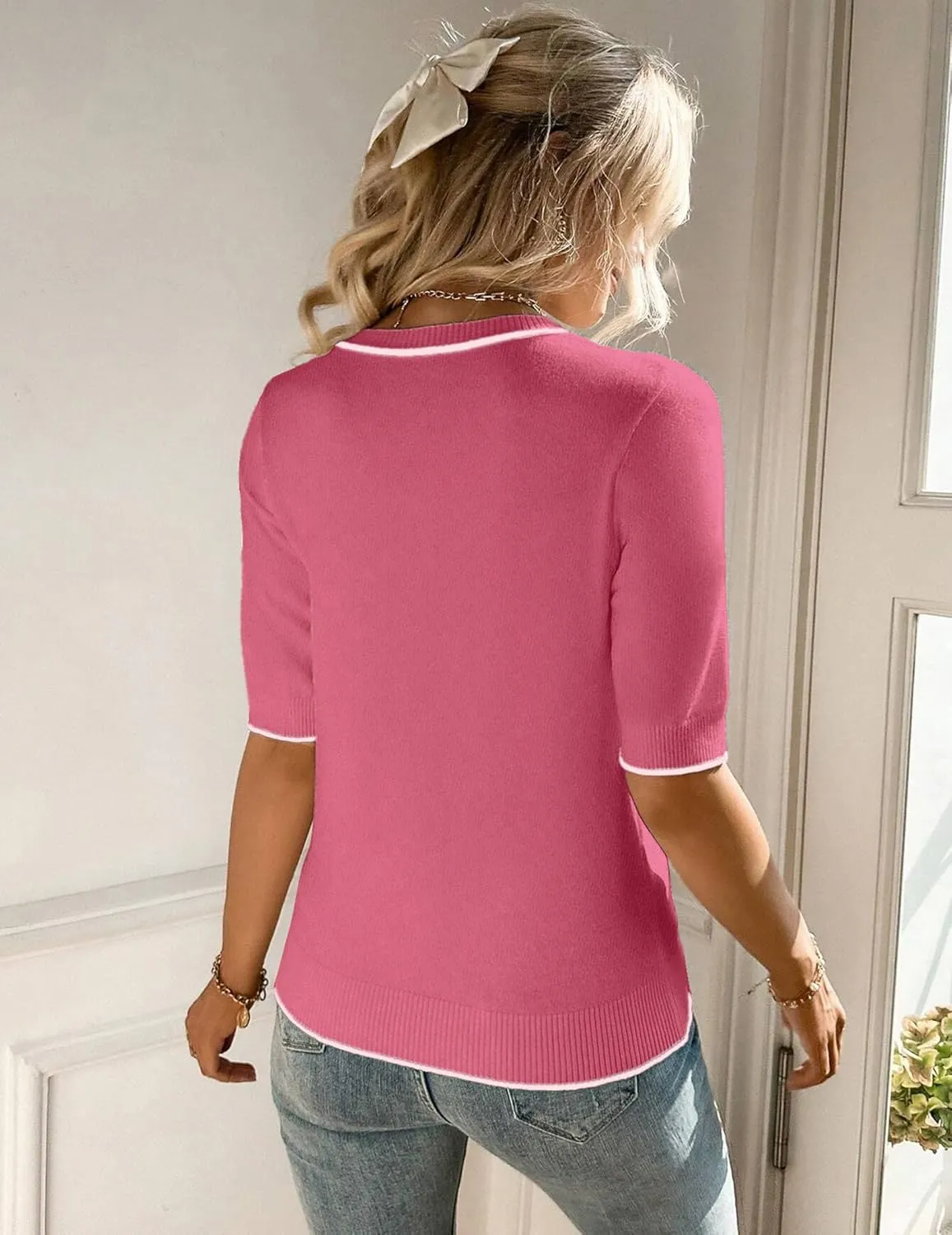 Zeagoo Short Sleeve Sweater Crew Neck Dressy Casual Soft Knit Tops sold by zeagoo product image thumbnail 5
