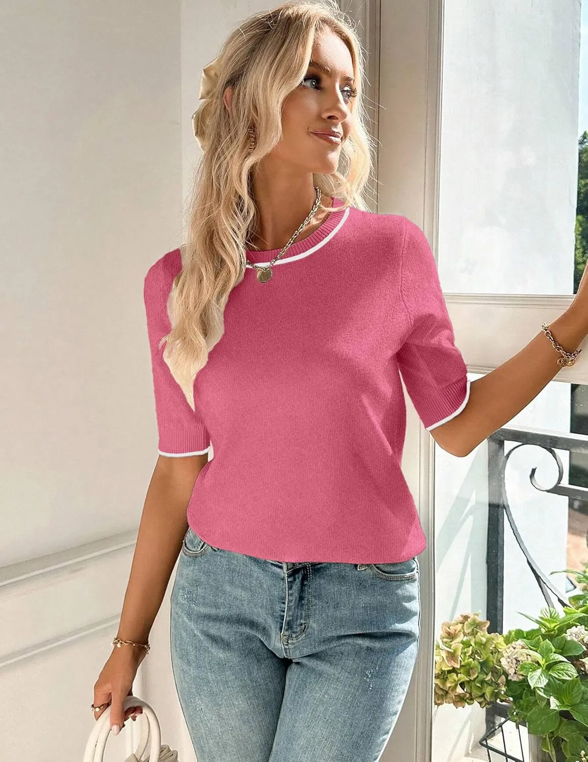 Zeagoo Short Sleeve Sweater Crew Neck Dressy Casual Soft Knit Tops sold by zeagoo product image thumbnail 4