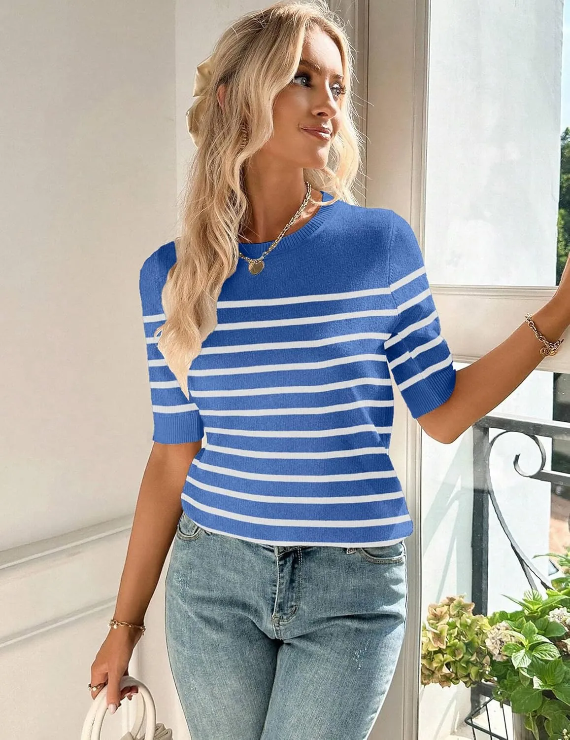 Zeagoo Short Sleeve Sweater Crew Neck Dressy Casual Soft Knit Tops sold by zeagoo