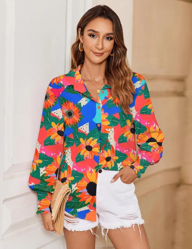 Zeagoo Women's Button Down Shirts Loose Fit Striped Printed Lantern Blouses sold by zeagoo