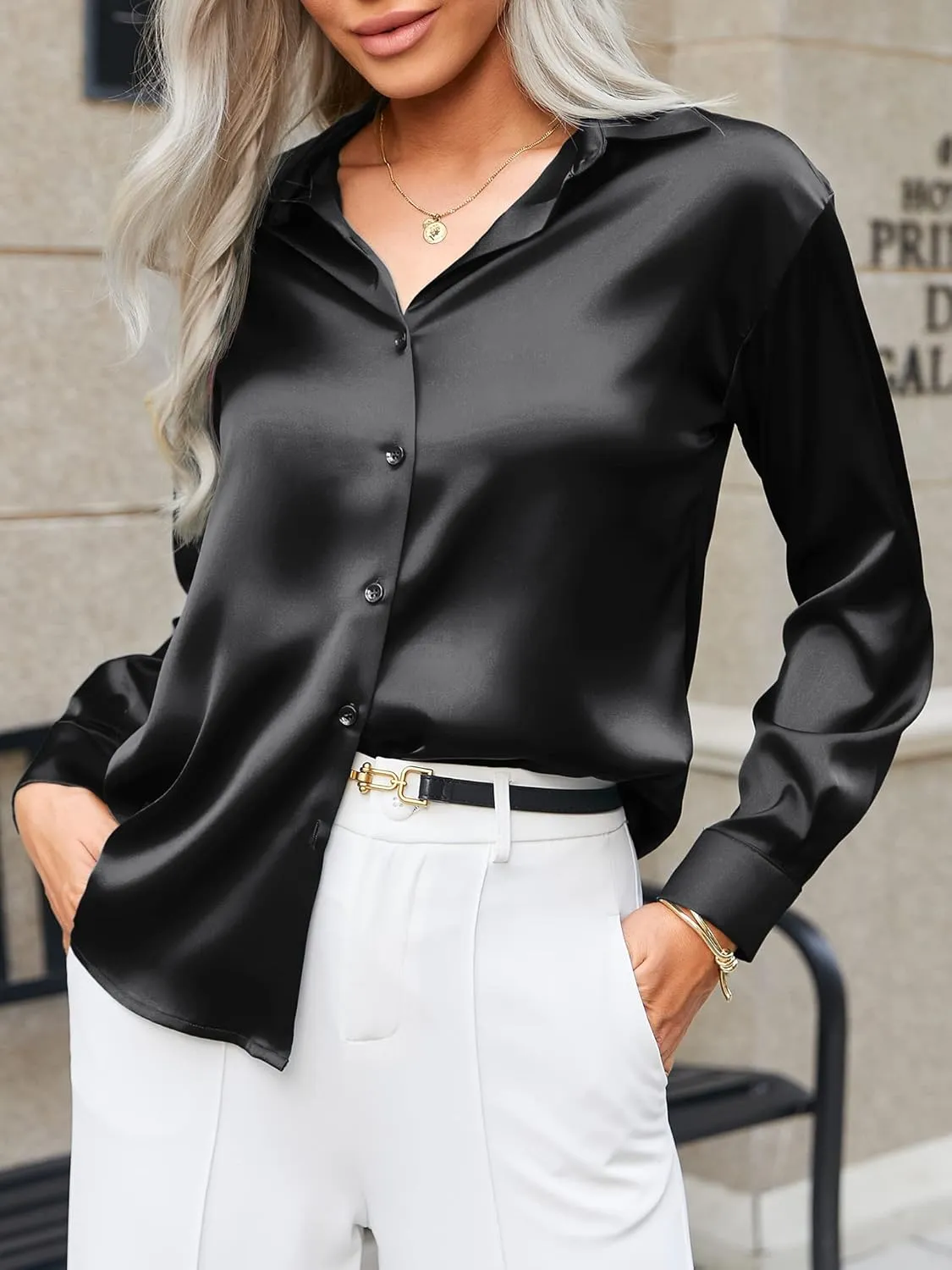 Zeagoo Women Satin Button Down Shirt Long Sleeve Tops sold by zeagoo product image thumbnail 3