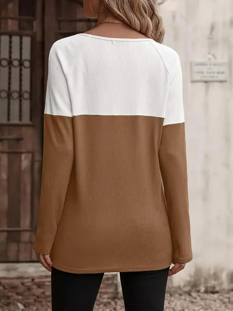 Zeagoo Women Waffle Knit Shirts Long Sleeve Colorblock Tee sold by zeagoo product image thumbnail 2