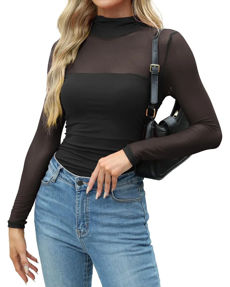 Zeagoo Women's Sexy Mock Turtle Neck Long Sleeve Sheer Tops sold by zeagoo product image thumbnail 2