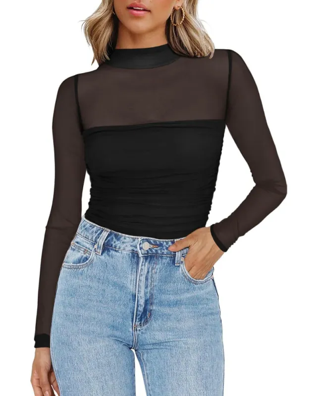 Zeagoo Women's Sexy Mock Turtle Neck Long Sleeve Sheer Tops sold by zeagoo