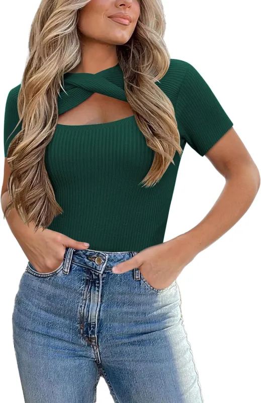 Zeagoo Womens Short Sleeve T Shirts 2024 Summer Casual Knit Slim Fit Trendy Basic Cute Sweater Tops sold by zeagoo