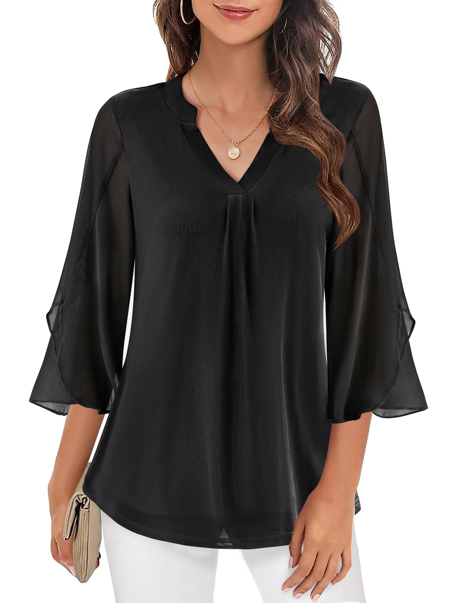 Zeagoo 3/4 Sleeve Ruffle V Neck Flowy Floral Mesh Blouses sold by zeagoo product image thumbnail 4