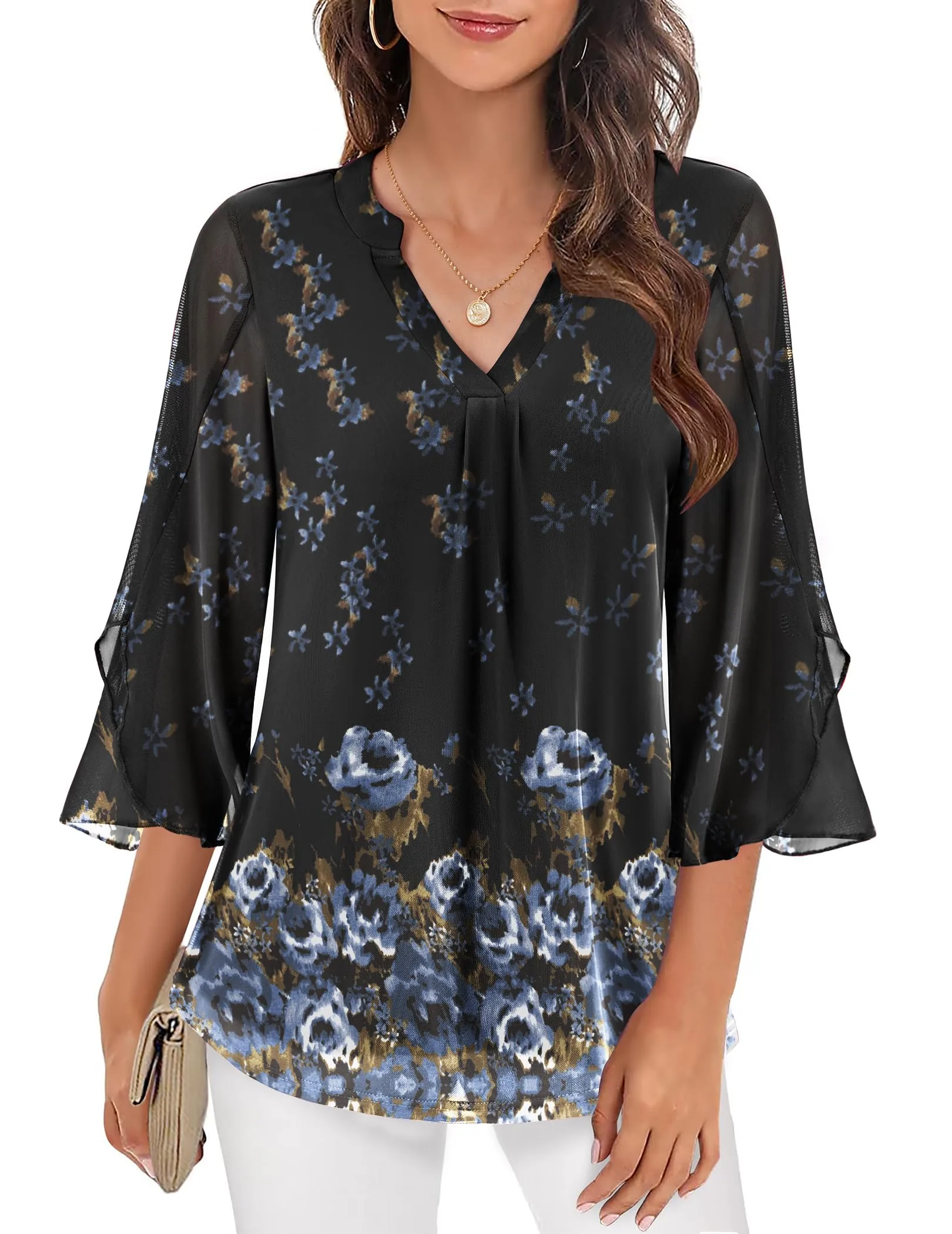 Zeagoo 3/4 Sleeve Ruffle V Neck Flowy Floral Mesh Blouses sold by zeagoo product image thumbnail 2