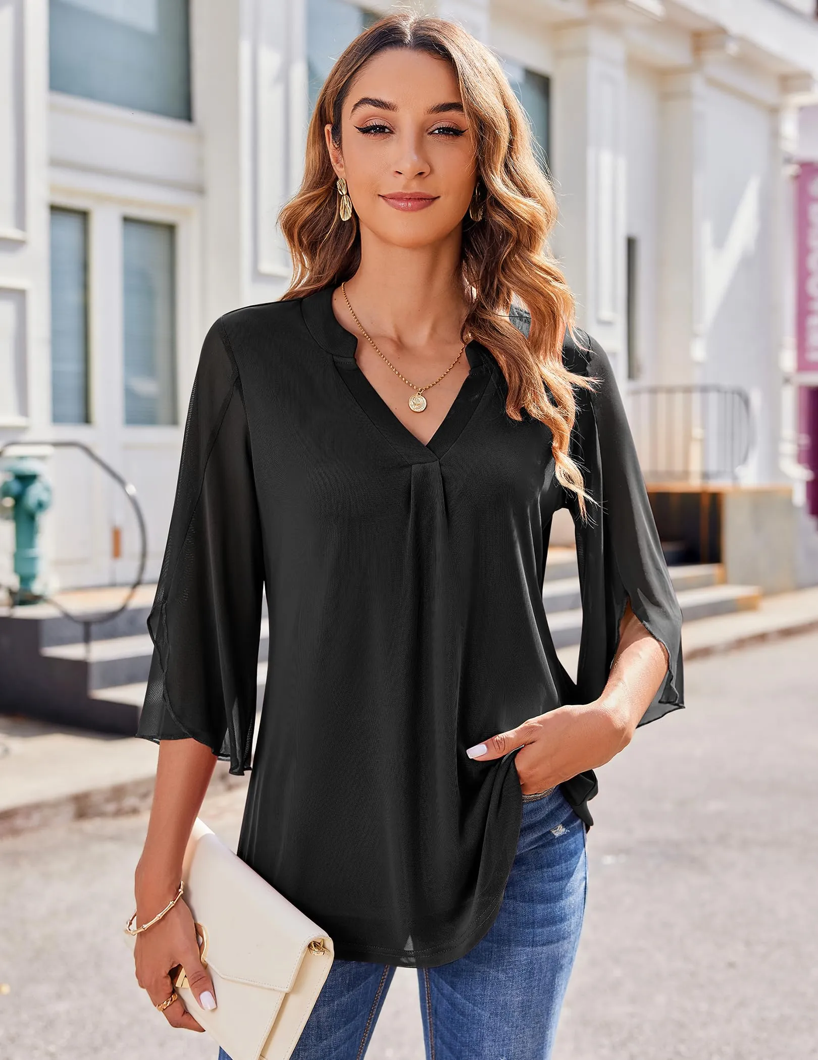 Zeagoo 3/4 Sleeve Ruffle V Neck Flowy Floral Mesh Blouses sold by zeagoo product image thumbnail 5