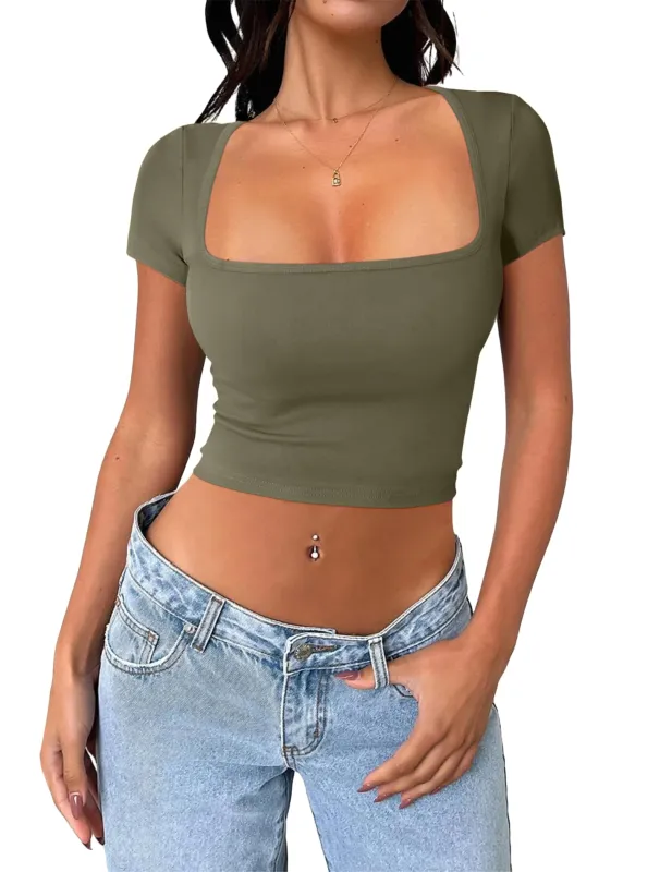 Zeagoo Short Sleeve Square Neck T Shirt made by zeagoo