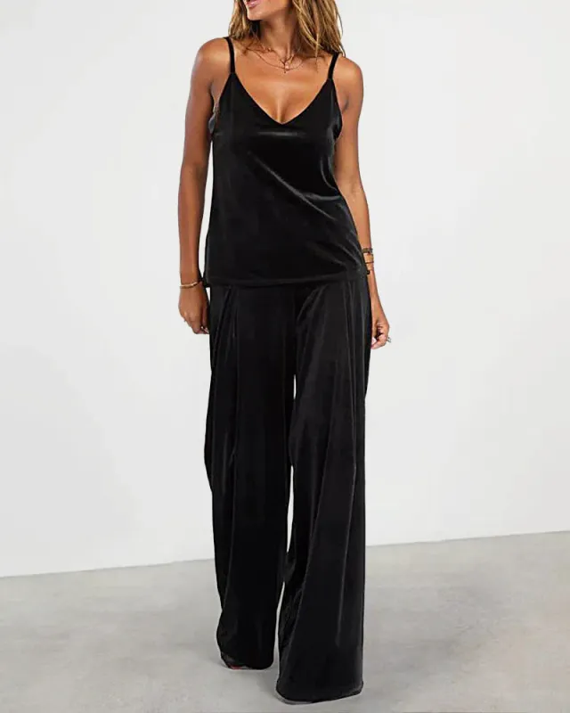 Casual Two Piece Set Black Velvet Strapless Top and Pants Set sold by zeagoo