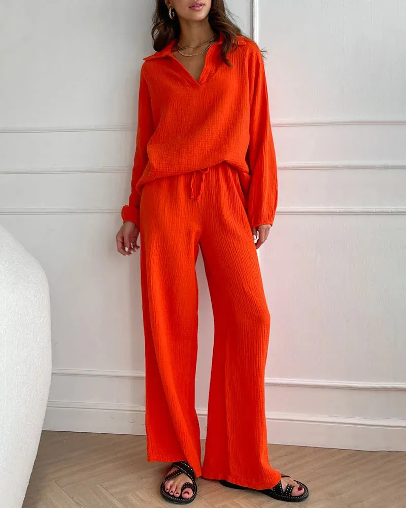 4Pcs Outfits Black Sets+Orange Sets Simple V-Neck Tops + Casual Wide Leg Pants sold by zeagoo product image thumbnail 2