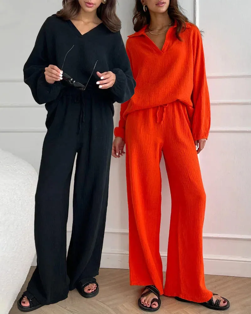 4Pcs Outfits Black Sets+Orange Sets Simple V-Neck Tops + Casual Wide Leg Pants sold by zeagoo