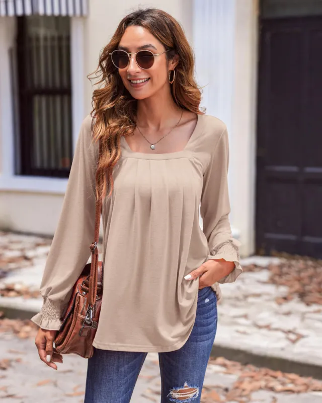 Zeagoo Long Sleeve Shirts Square Neck Pleated Tunic Tops sold by zeagoo