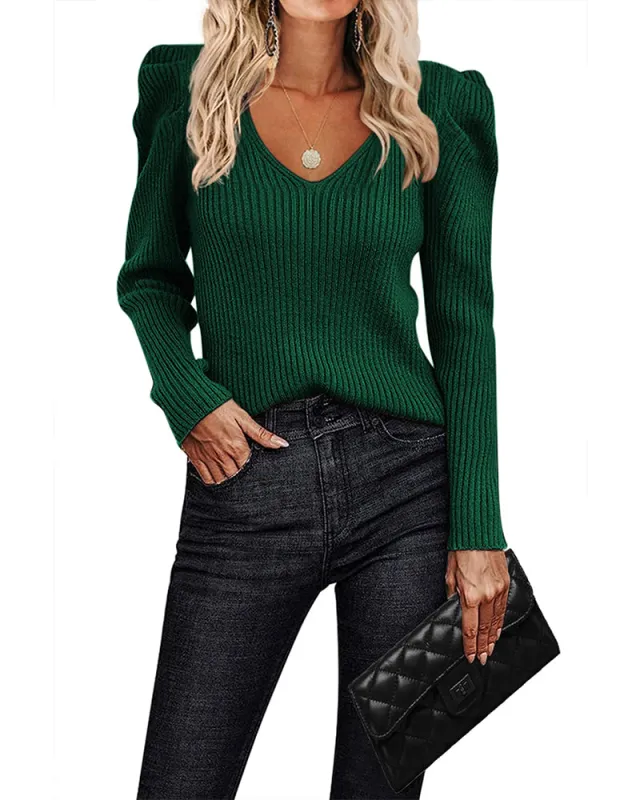 Zeagoo V Neck Sweaters Casual Puff Sleeve Pullover Sweater sold by zeagoo