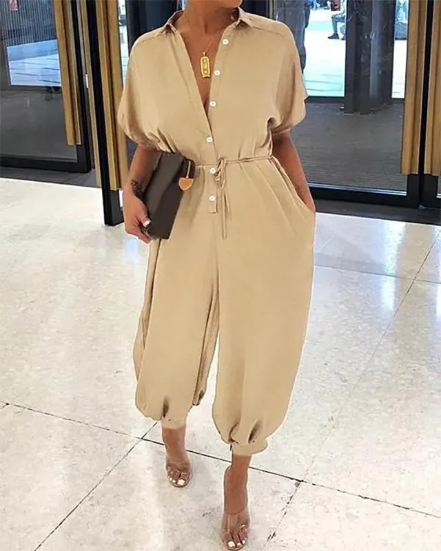 Solid Color Lapel Slim Long Single-Breasted Rompers Short Sleeve Jumpsuits sold by zeagoo