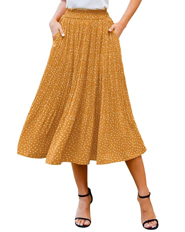 Women's Midi Skirts Elastic High Waist Skirt Polka Dot Casual Pleated Skirt with Pockets - Zeagoo (Us Only) sold by zeagoo