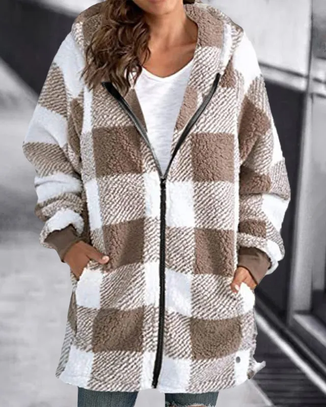 Hoodie Plaid Loose Overcoat sold by zeagoo
