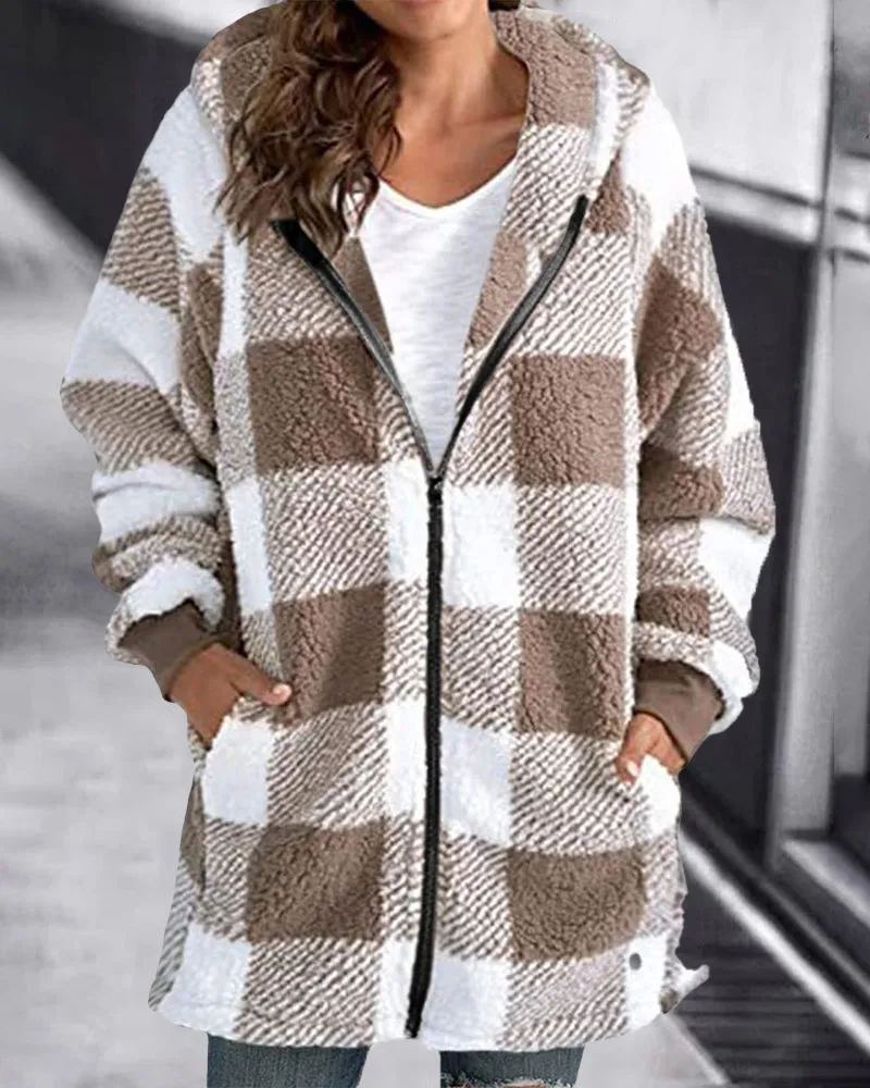 Hoodie Plaid Loose Overcoat sold by zeagoo