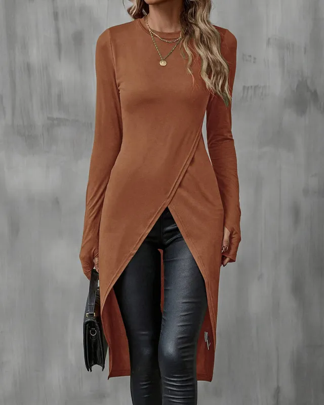 Sophisticated Vintage Split Hem Bodycon T-shirt sold by zeagoo