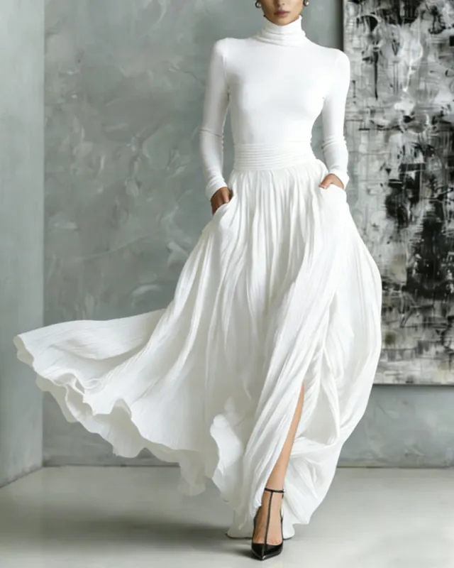 Elegant Turtleneck Pullover Pocket Long Skirt Set sold by zeagoo