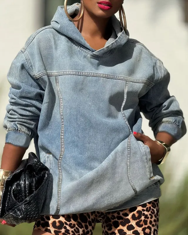 Oversized Washed Distressed Denim Hoodie sold by zeagoo