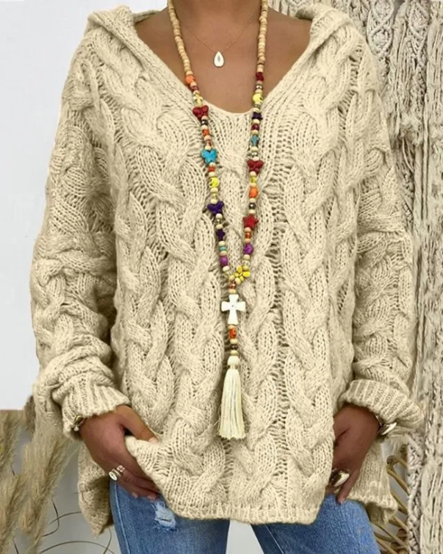 Oversized Cable Knit Hooded Sweater sold by zeagoo