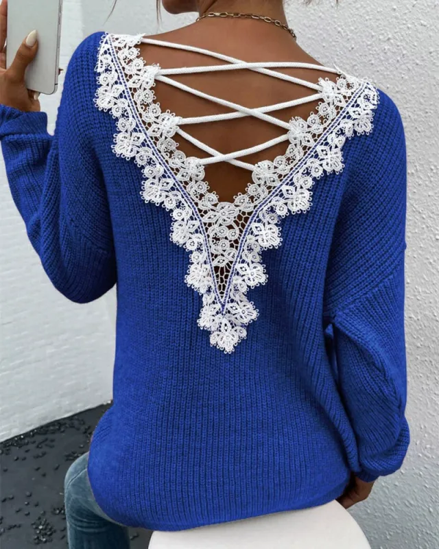 Casual Lace Paneled Backless Knit Sweater sold by zeagoo