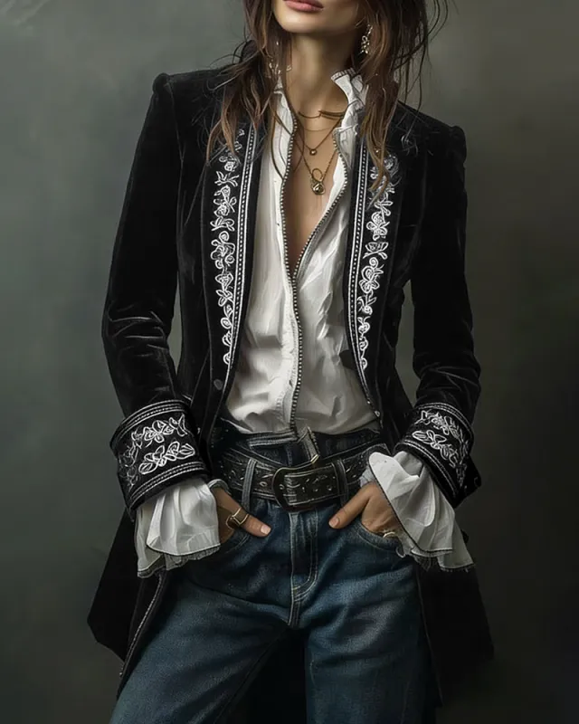 Court-Style Floral Embroidery Velvet Jacket Blazer sold by zeagoo