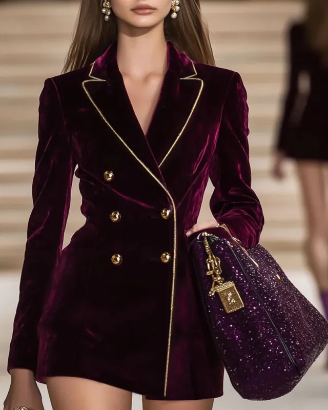 Business Casual Contrast Color Line Trim Velvet Blazer Jacket sold by zeagoo