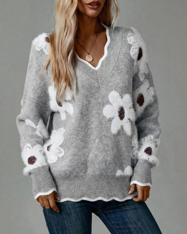 Soft Floral Jacquard Knit Sweater made by zeagoo