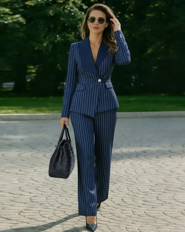 Business Pinstripe Blazer Pants Suit Set sold by zeagoo