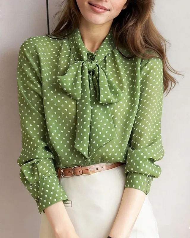 Polka Dot Print Bow Tie Neck Office Blouse sold by zeagoo