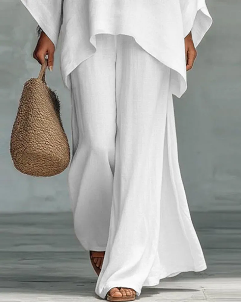 Linen Blend Cape Style Top and Wide Legs Pants Set sold by zeagoo product image thumbnail 4