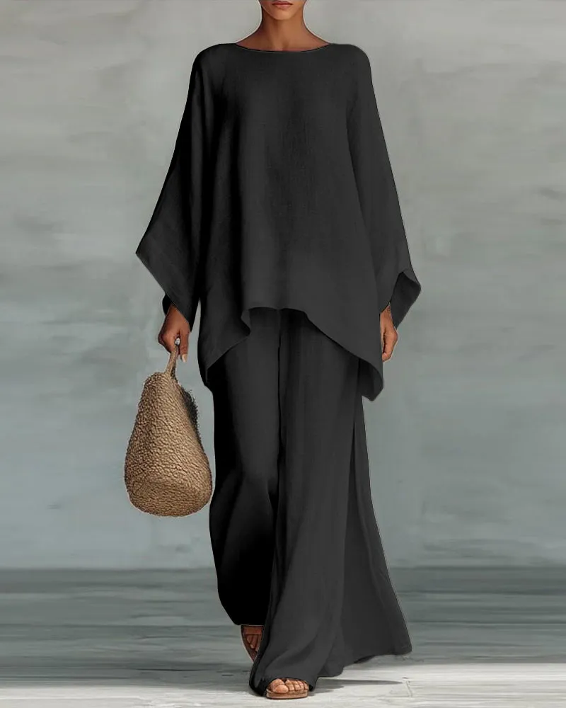 Linen Blend Cape Style Top and Wide Legs Pants Set sold by zeagoo product image thumbnail 2