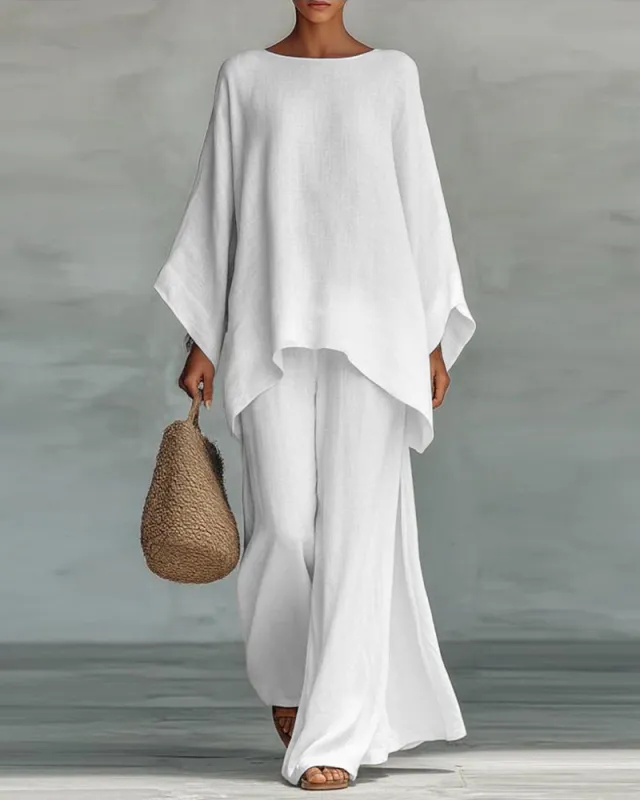 Linen Blend Cape Style Top and Wide Legs Pants Set sold by zeagoo
