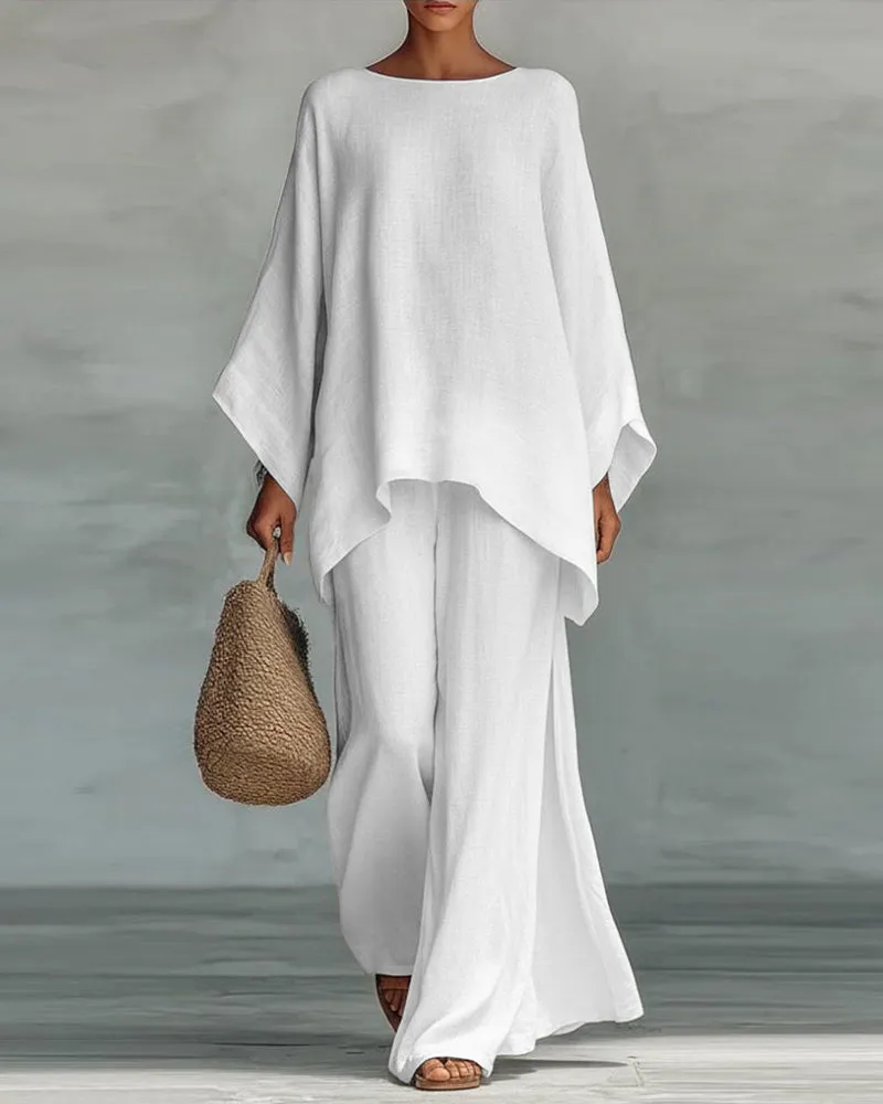 Linen Blend Cape Style Top and Wide Legs Pants Set sold by zeagoo