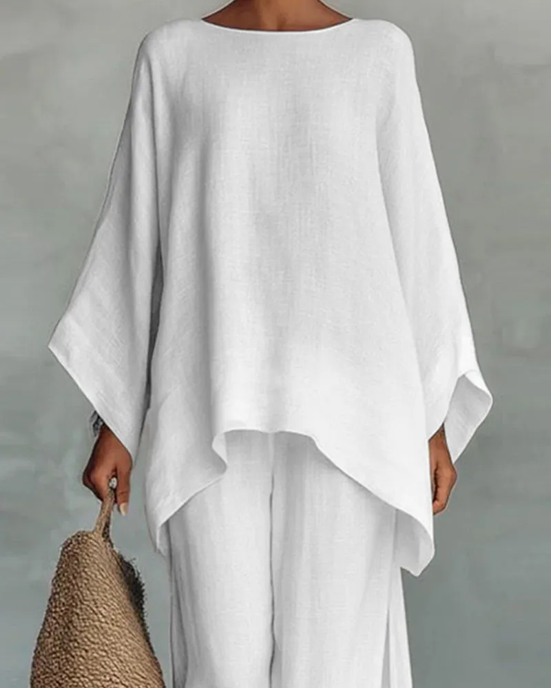 Linen Blend Cape Style Top and Wide Legs Pants Set sold by zeagoo product image thumbnail 3
