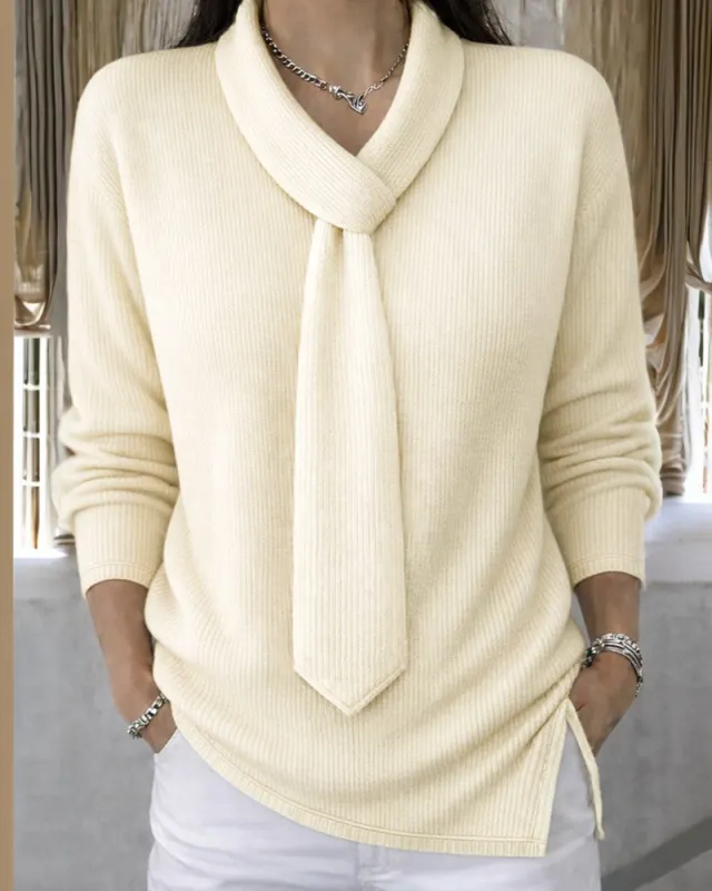Urban Casual Tie Neck Design Knit Top made by zeagoo