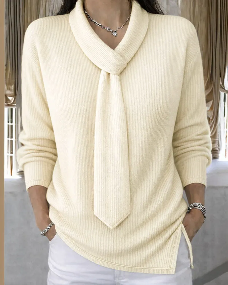 Urban Casual Tie Neck Design Knit Top sold by zeagoo