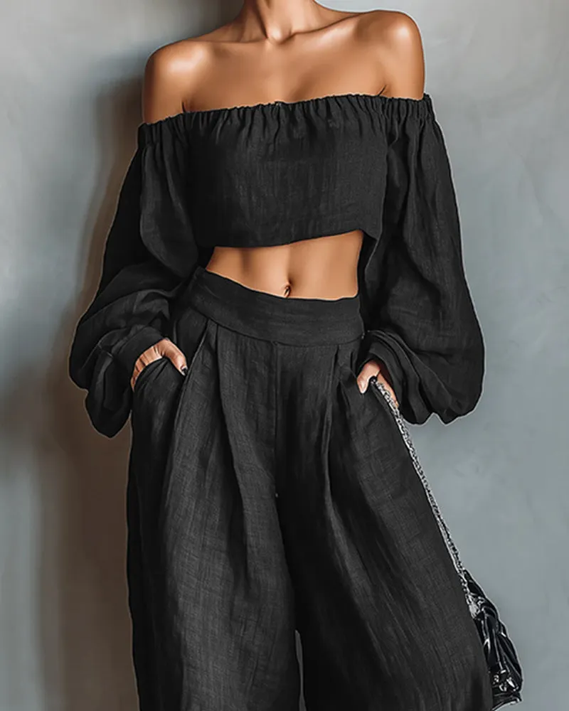 Fashion Cotton Linen Off-the-Shoulder Top and Pants Set sold by zeagoo product image thumbnail 3