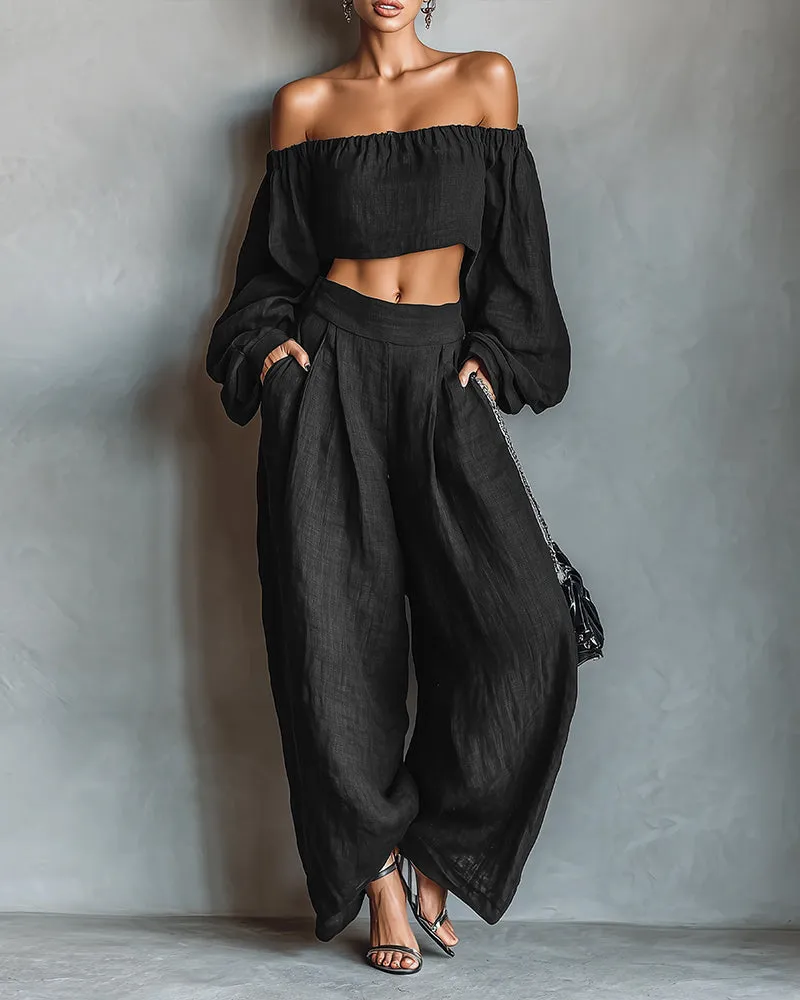 Fashion Cotton Linen Off-the-Shoulder Top and Pants Set sold by zeagoo