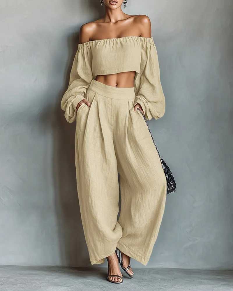 Fashion Cotton Linen Off-the-Shoulder Top and Pants Set sold by zeagoo product image thumbnail 2