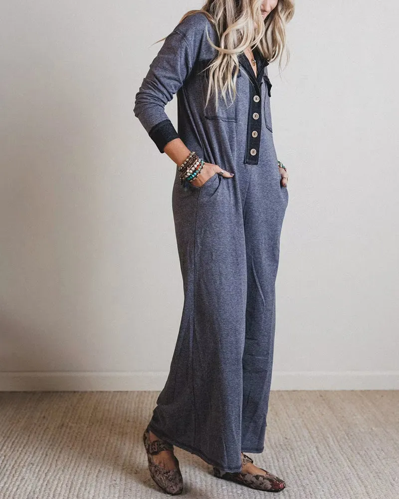 Comfy Loose Fit Contrast Color V-Neck Jumpsuit sold by zeagoo product image thumbnail 5