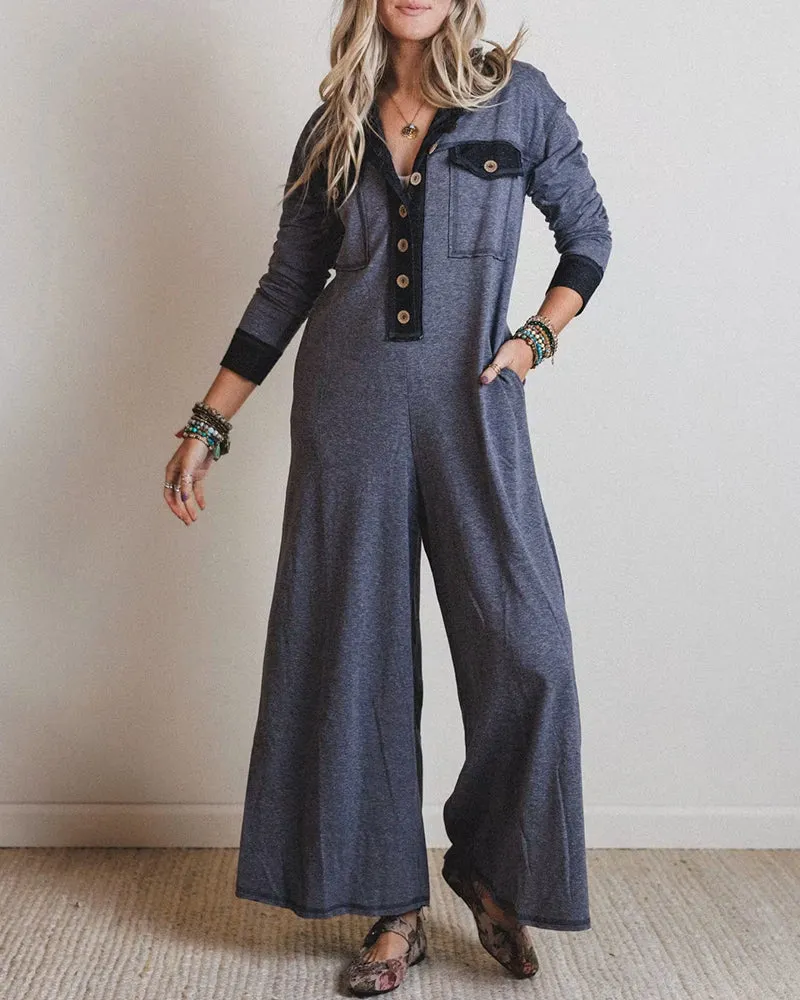 Comfy Loose Fit Contrast Color V-Neck Jumpsuit sold by zeagoo product image thumbnail 4