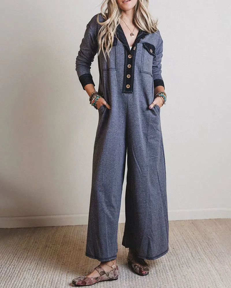 Comfy Loose Fit Contrast Color V-Neck Jumpsuit sold by zeagoo