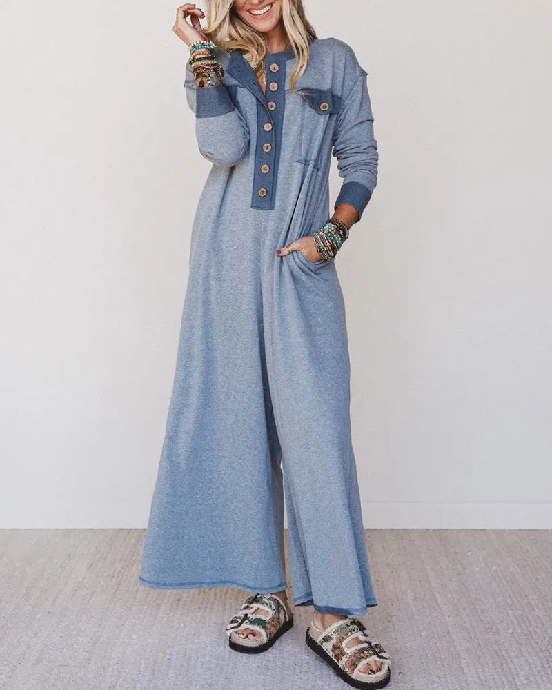 Comfy Loose Fit Contrast Color V-Neck Jumpsuit sold by zeagoo product image thumbnail 2